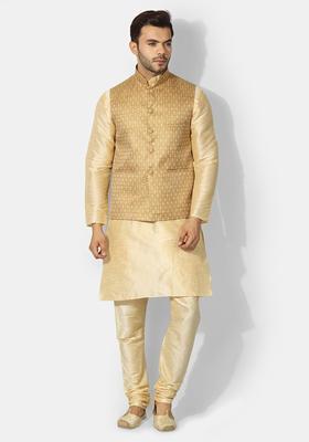 Beige Solid Silk Kurta Set For Men