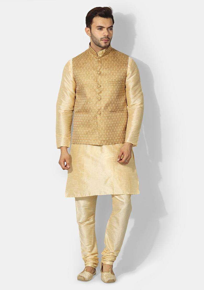 Beige Solid Silk Blend Kurta Set For Men - Indya