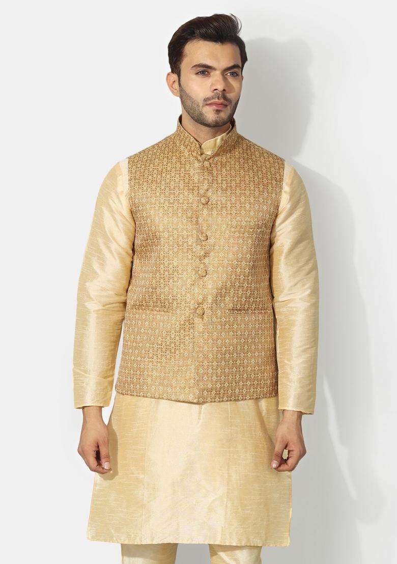 Beige Solid Silk Blend Kurta Set For Men - Indya