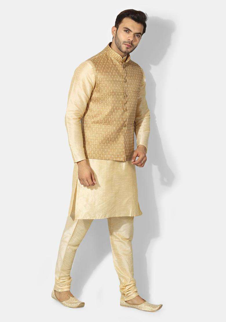 Beige Solid Silk Blend Kurta Set For Men - Indya