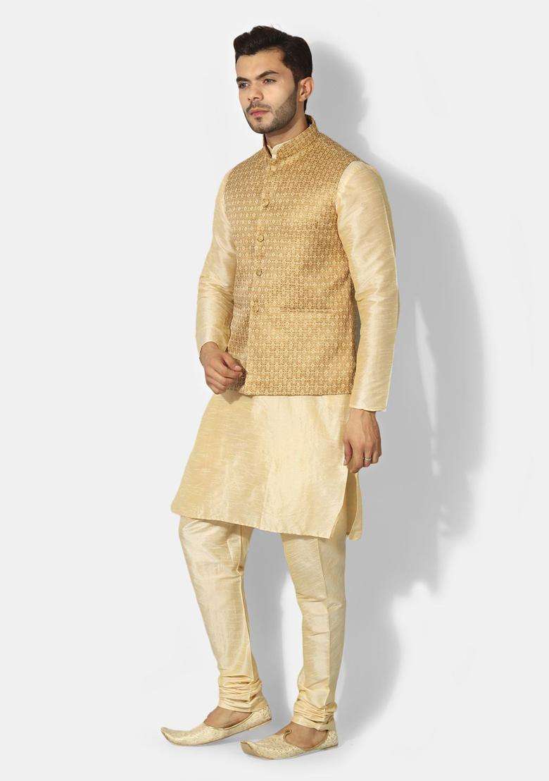 Beige Solid Silk Blend Kurta Set For Men - Indya