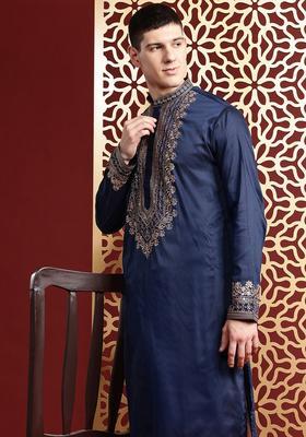 Navy Blue Embroidered Cotton Kurta Set For Men