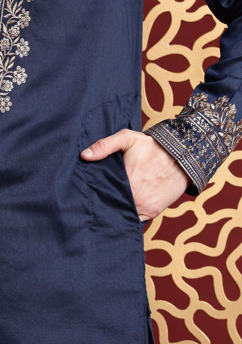 Navy Blue Embroidered Cotton Kurta Set For Men - Indya