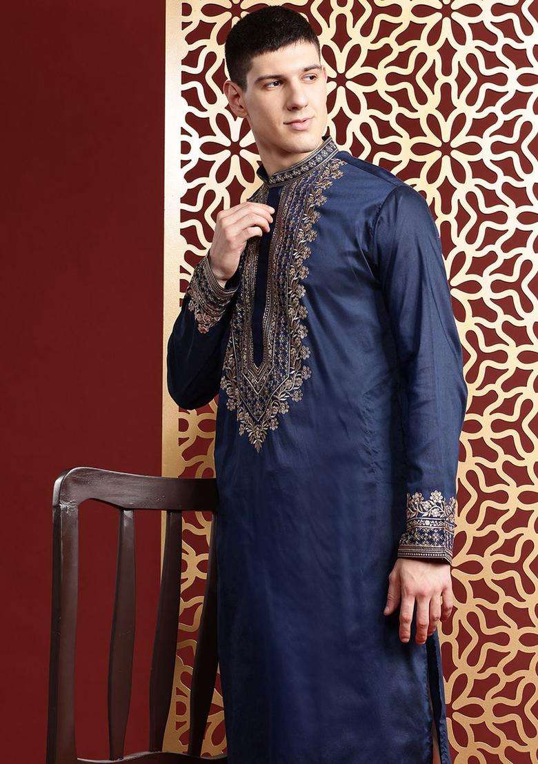 Navy Blue Embroidered Cotton Kurta Set For Men - Indya