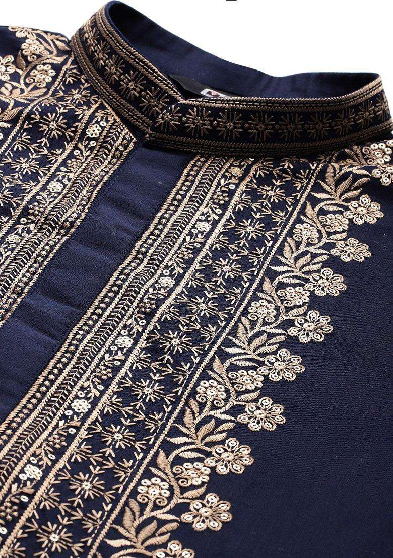 Navy Blue Embroidered Cotton Kurta Set For Men - Indya