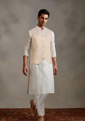Off White Solid Polyester Kurta Set For Men