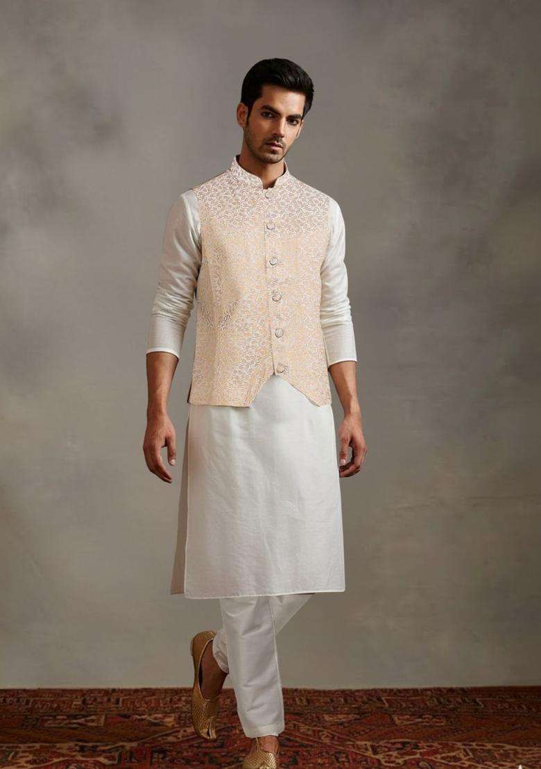 Off White Solid Polyester Kurta Set For Men - Indya