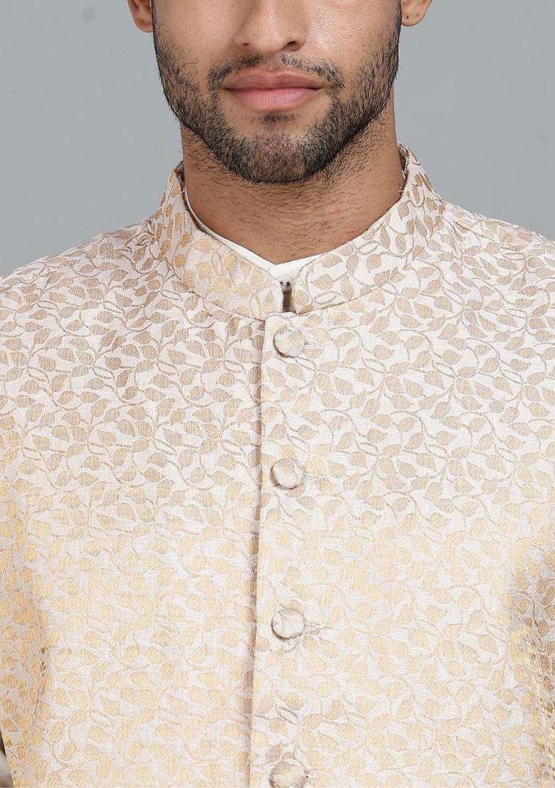 Off White Solid Polyester Kurta Set For Men - Indya