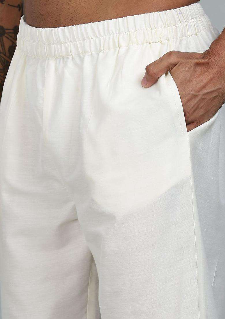 Off White Solid Polyester Kurta Set For Men - Indya