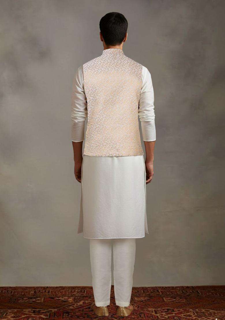 Off White Solid Polyester Kurta Set For Men - Indya