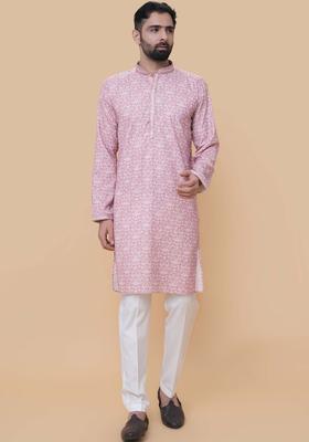 Pink Printed Cotton Kurta Set For Men