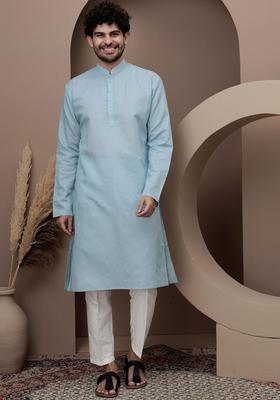 Blue Solid Silk Kurta Set For Men