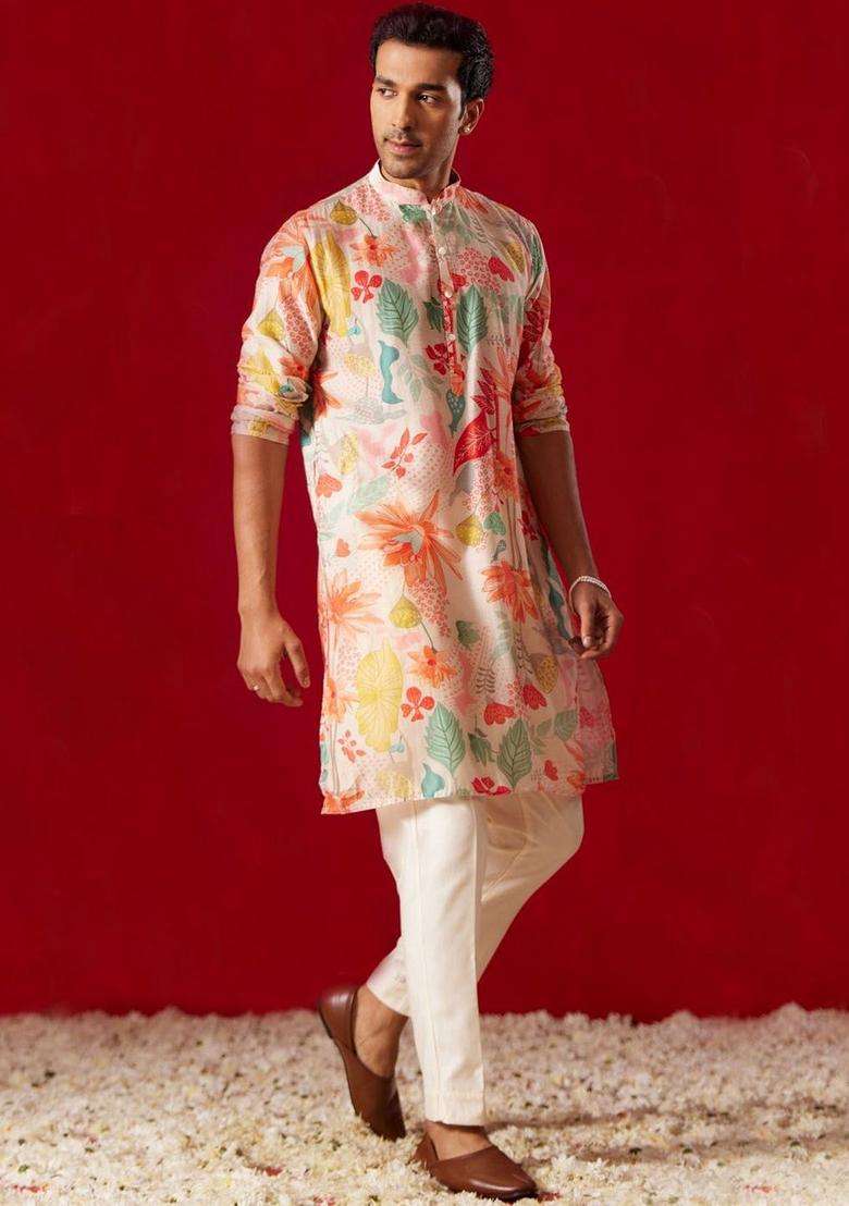 Off White Printed Cotton Kurta Set For Men - Indya