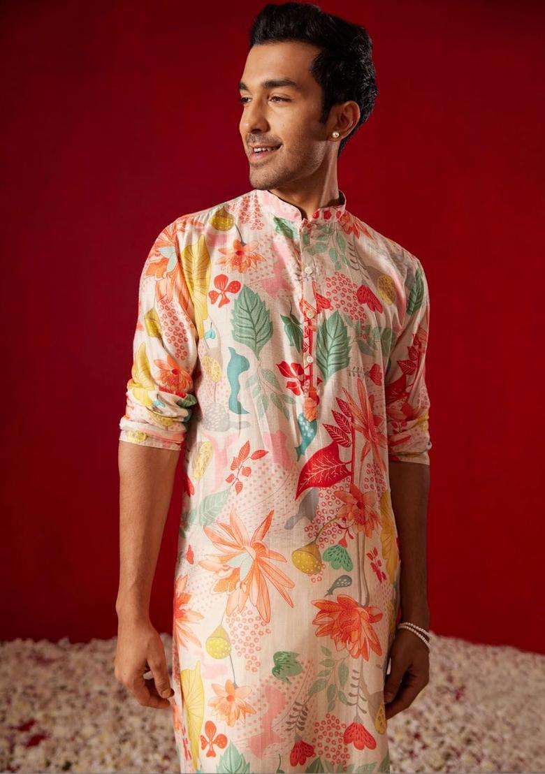 Off White Printed Cotton Kurta Set For Men - Indya