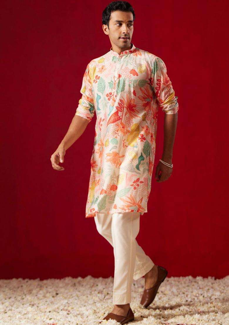 Off White Printed Cotton Kurta Set For Men - Indya
