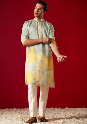 Sea Green Printed Cotton Kurta Set For Men