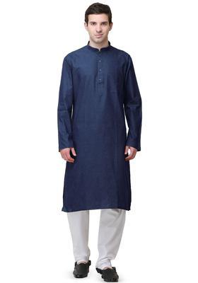 Blue Solid Linen Kurta Set For Men