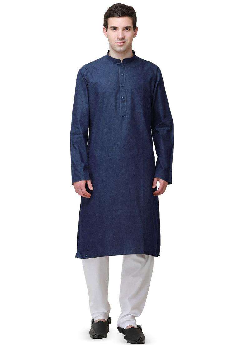 Blue Solid Linen Kurta Set For Men - Indya