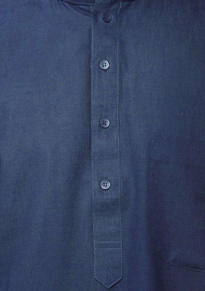 Blue Solid Linen Kurta Set For Men - Indya