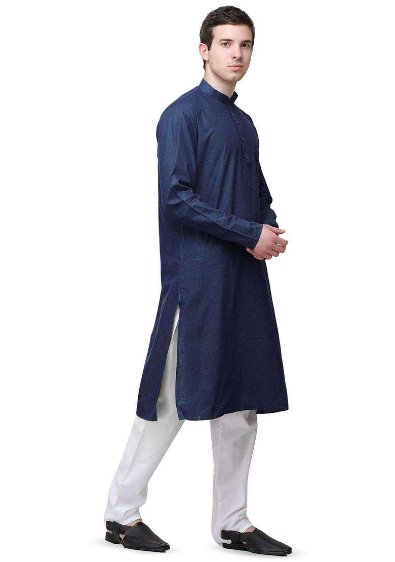 Blue Solid Linen Kurta Set For Men - Indya