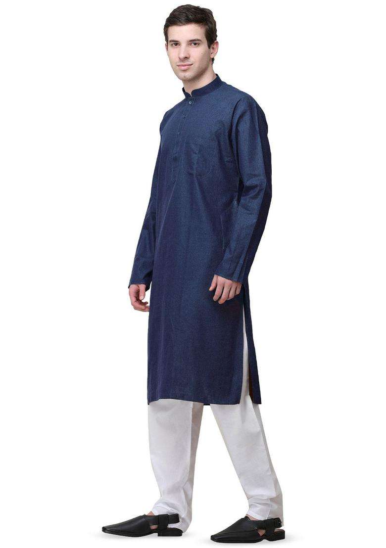 Blue Solid Linen Kurta Set For Men - Indya