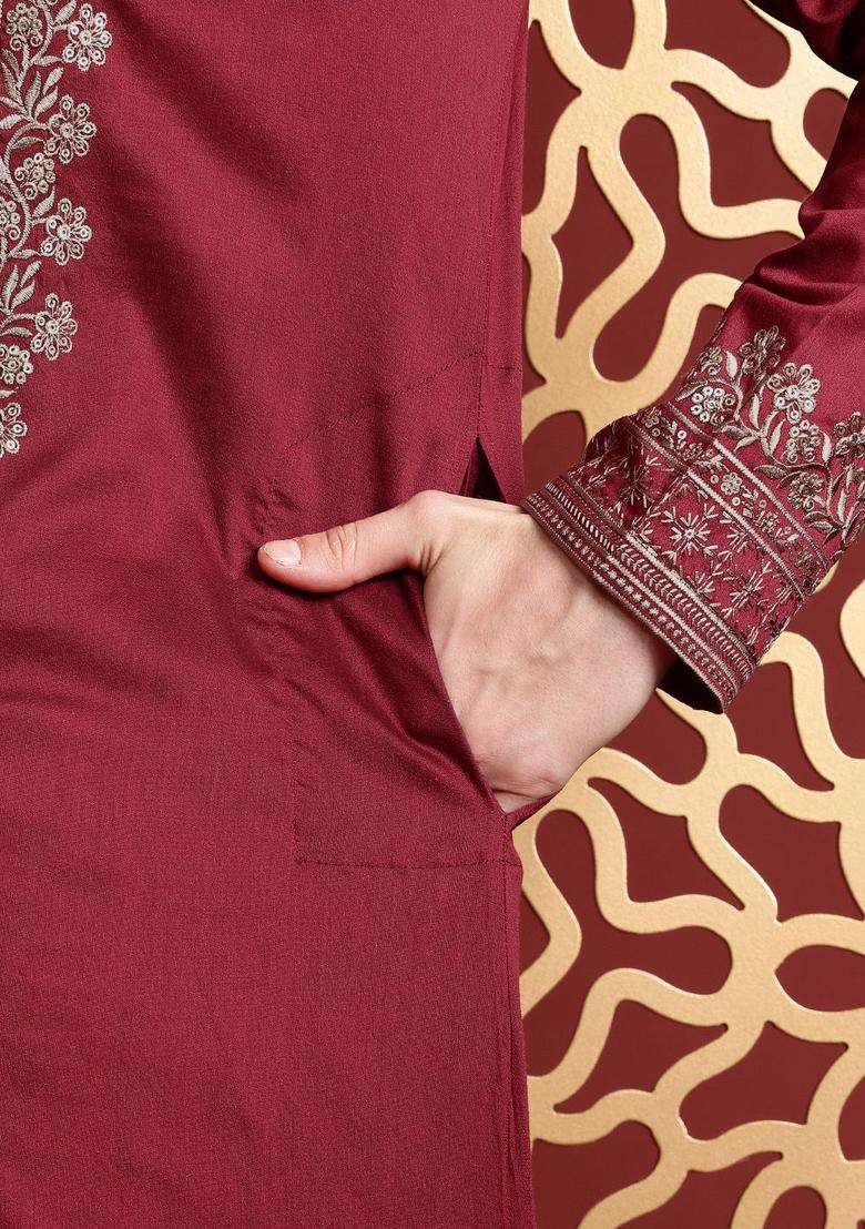 Maroon Embroidered Cotton Kurta Set For Men - Indya