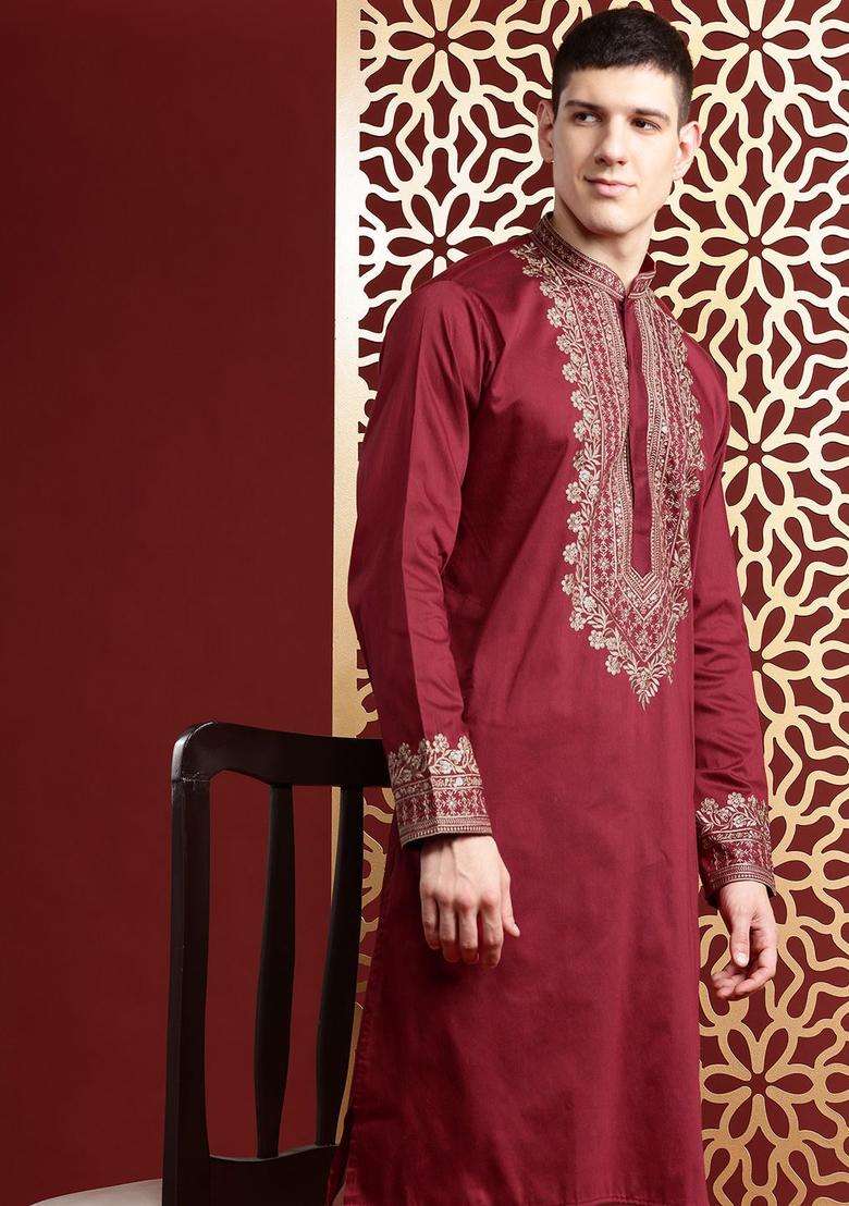 Maroon Embroidered Cotton Kurta Set For Men - Indya