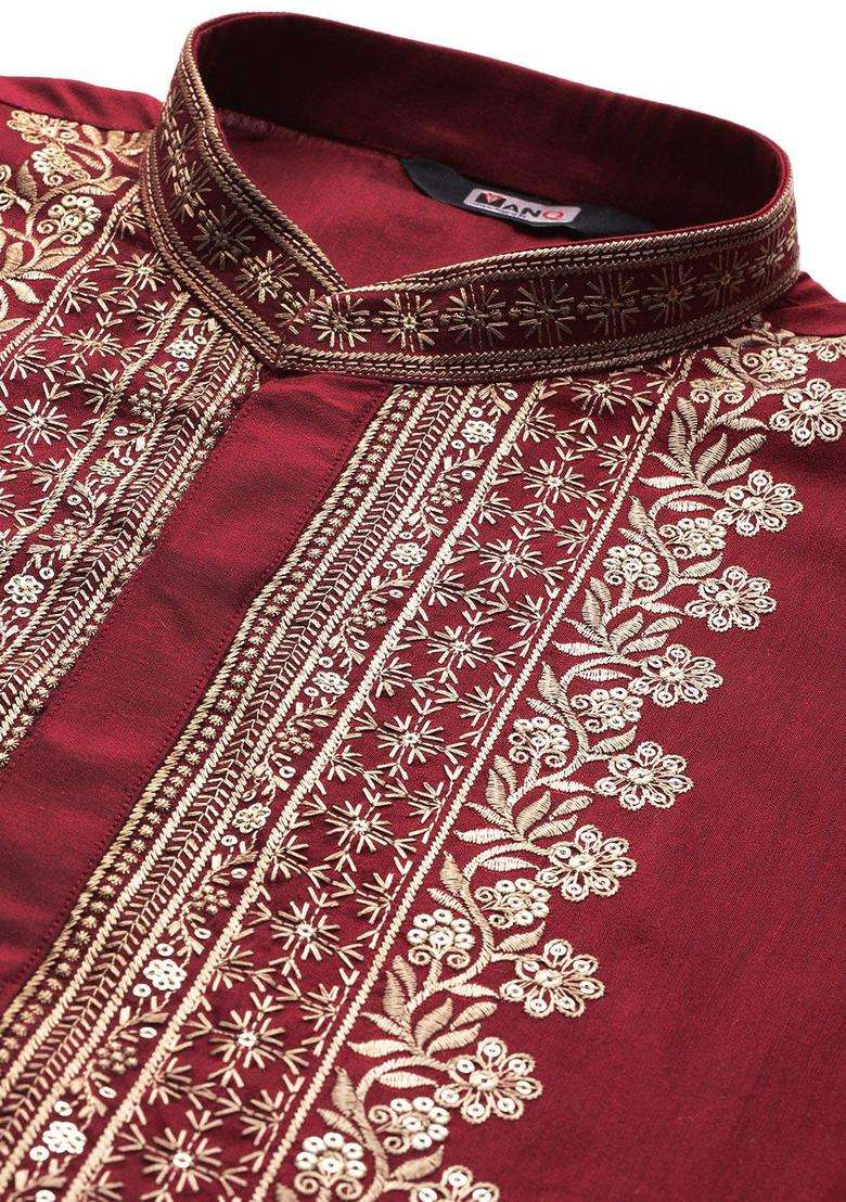 Maroon Embroidered Cotton Kurta Set For Men - Indya