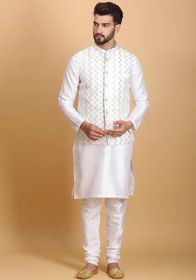 White Solid Silk Kurta Set For Men