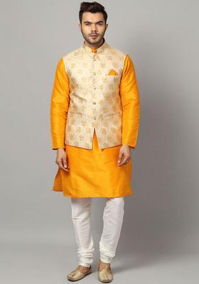 Yellow Self Design Silk Kurta Set For Men
