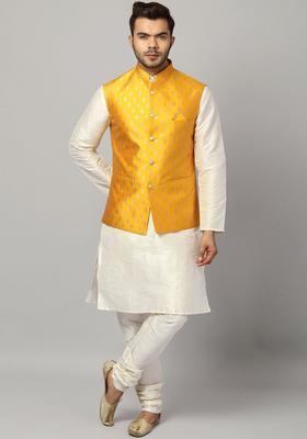 Yellow Woven Design Silk Kurta Set For Men
