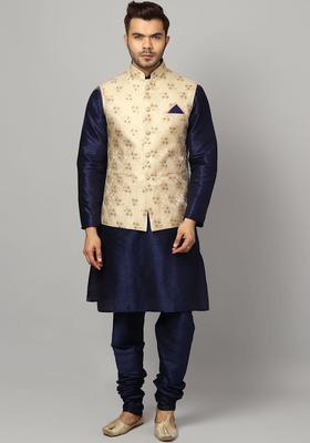 Navy Blue Woven Design Silk Kurta Set For Men
