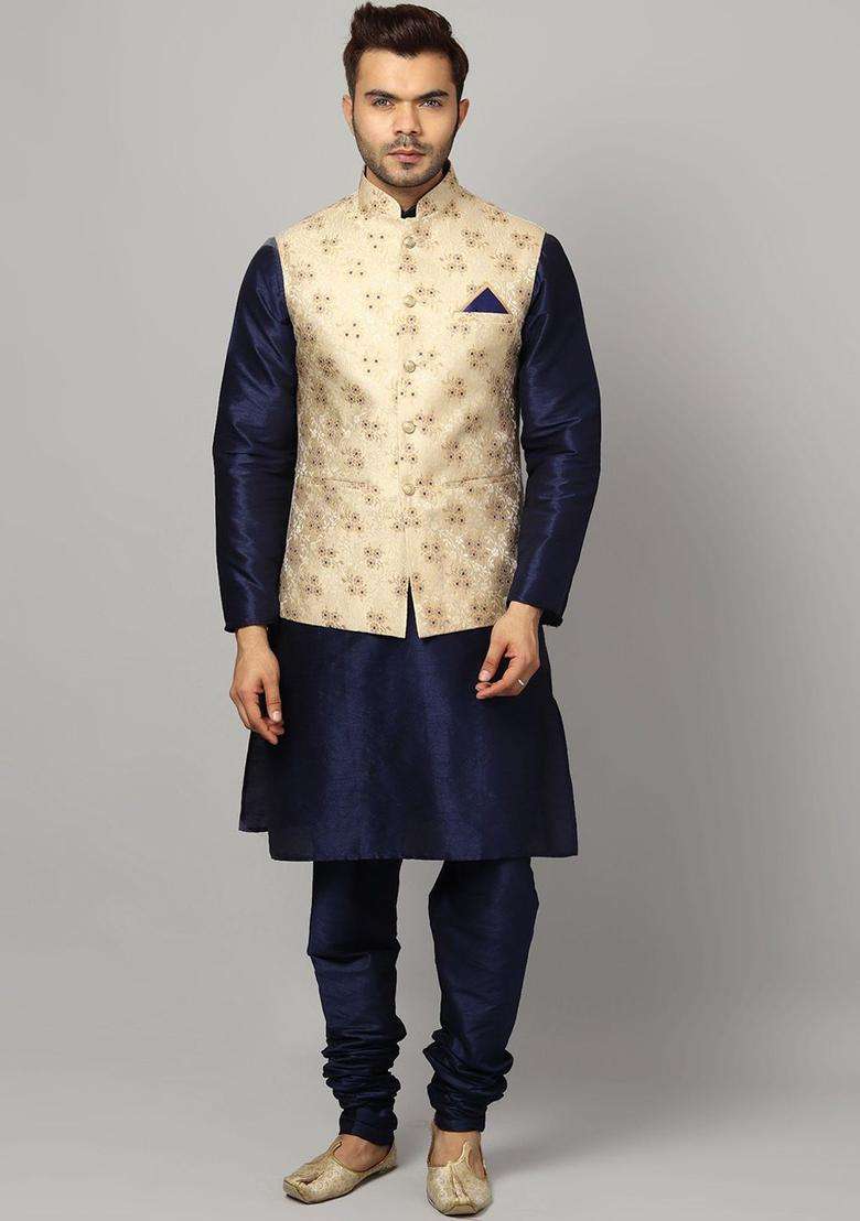 Navy Blue Woven Design Silk Blend Kurta Set For Men - Indya