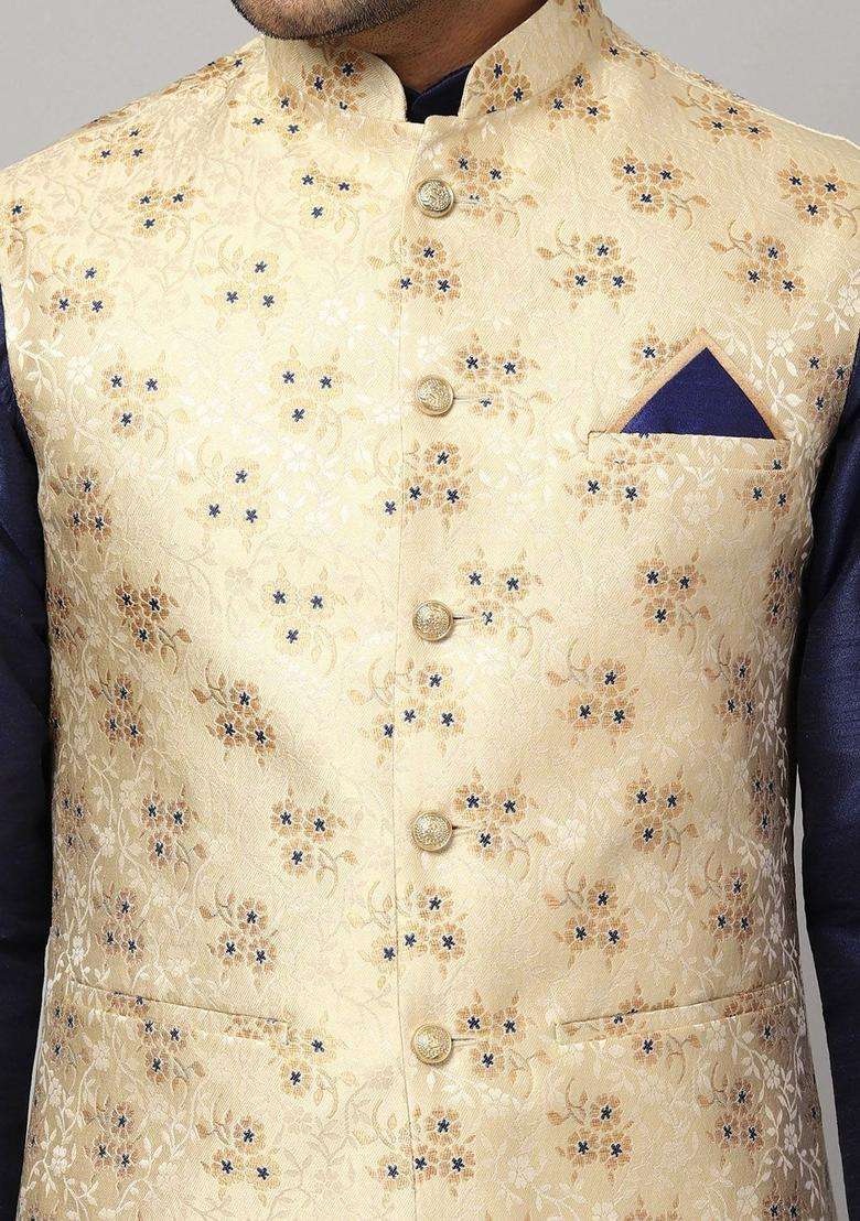 Navy Blue Woven Design Silk Blend Kurta Set For Men - Indya