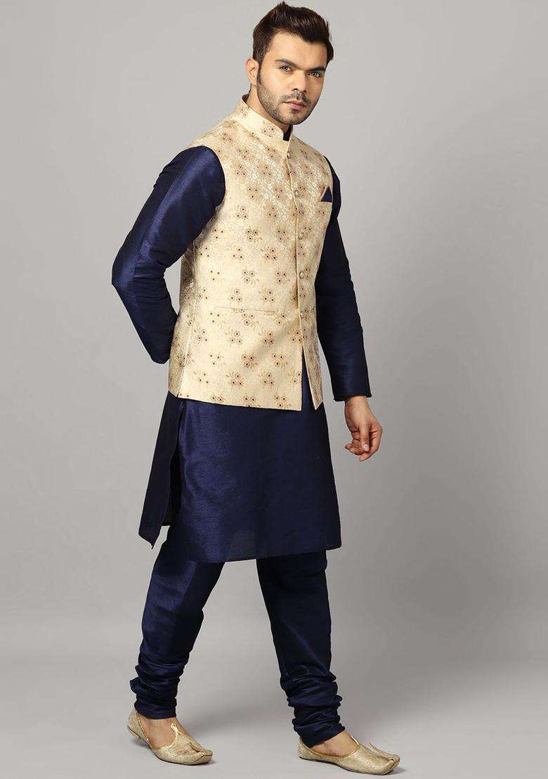 Navy Blue Woven Design Silk Blend Kurta Set For Men - Indya