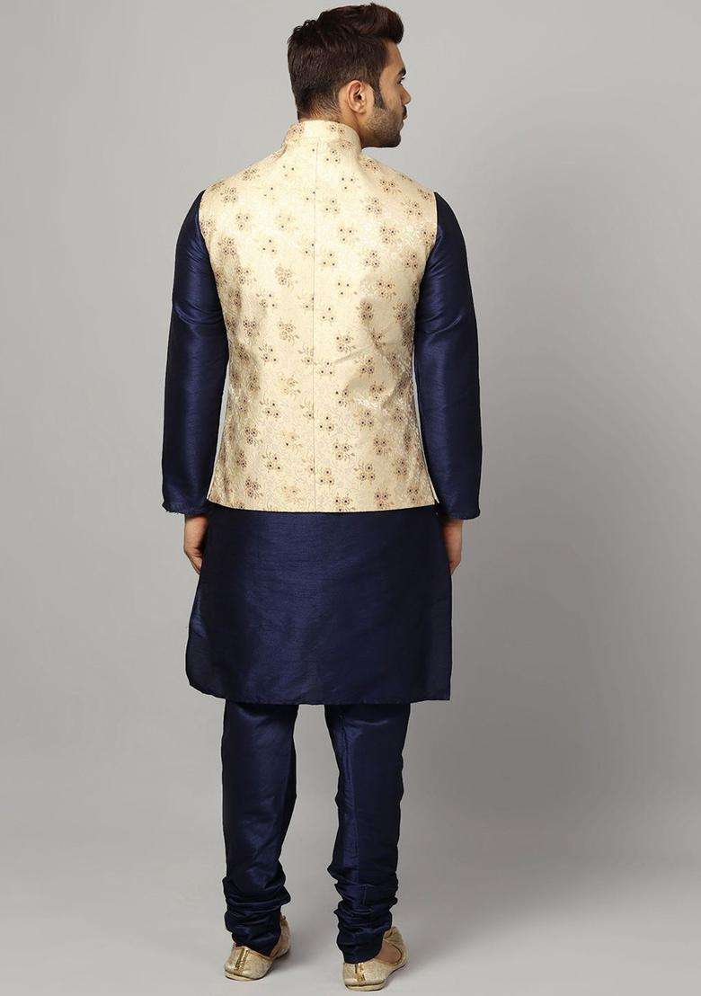 Navy Blue Woven Design Silk Blend Kurta Set For Men - Indya