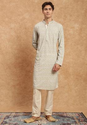 White Embroidered Viscose Kurta Set For Men