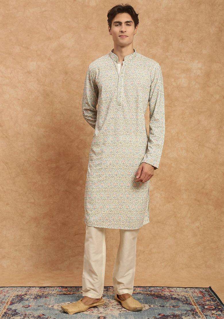 White Embroidered Viscose Kurta Set For Men - Indya