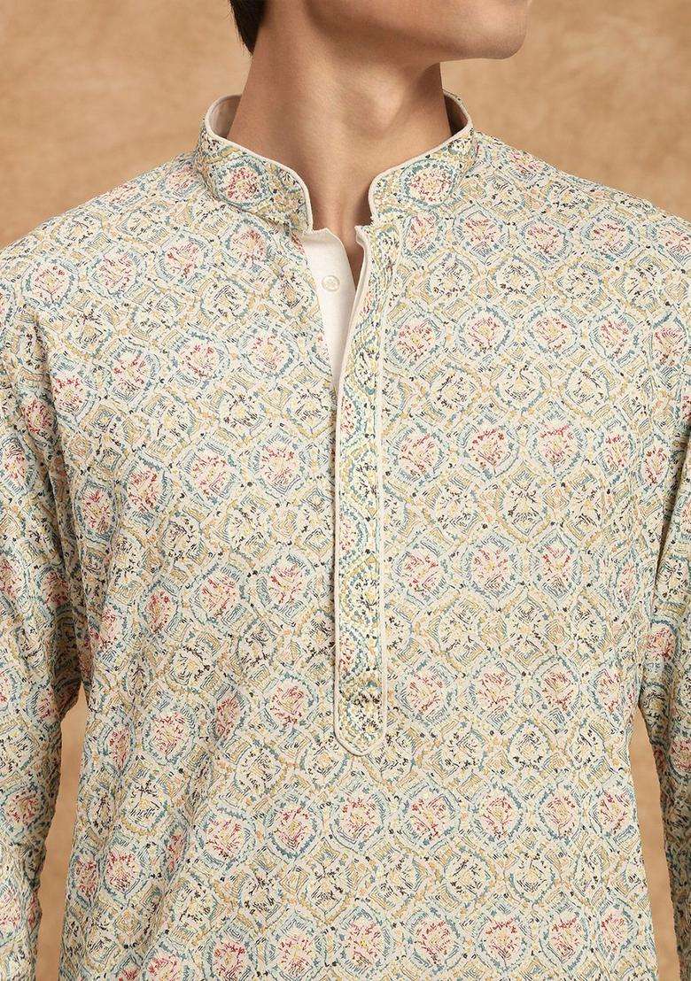 White Embroidered Viscose Kurta Set For Men - Indya