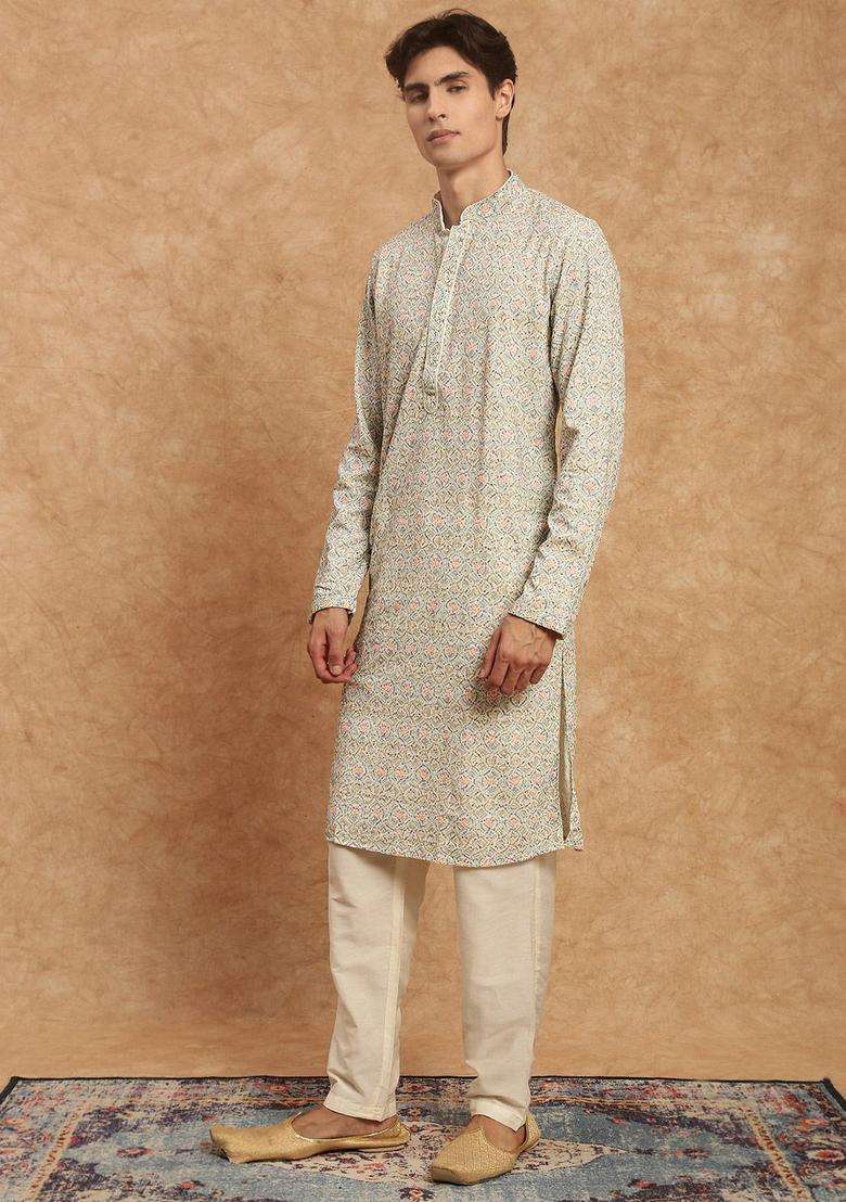 White Embroidered Viscose Kurta Set For Men - Indya