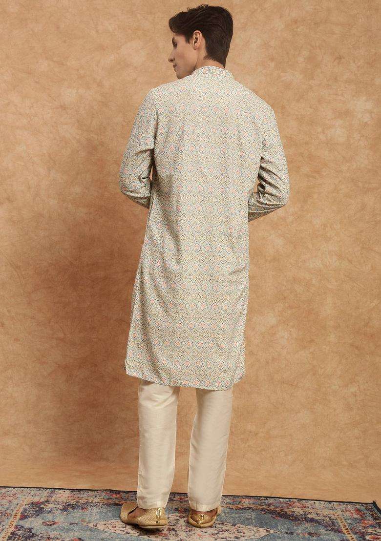 White Embroidered Viscose Kurta Set For Men - Indya