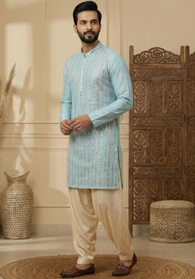 Turquoise Blue Embroidered Silk Kurta Set For Men