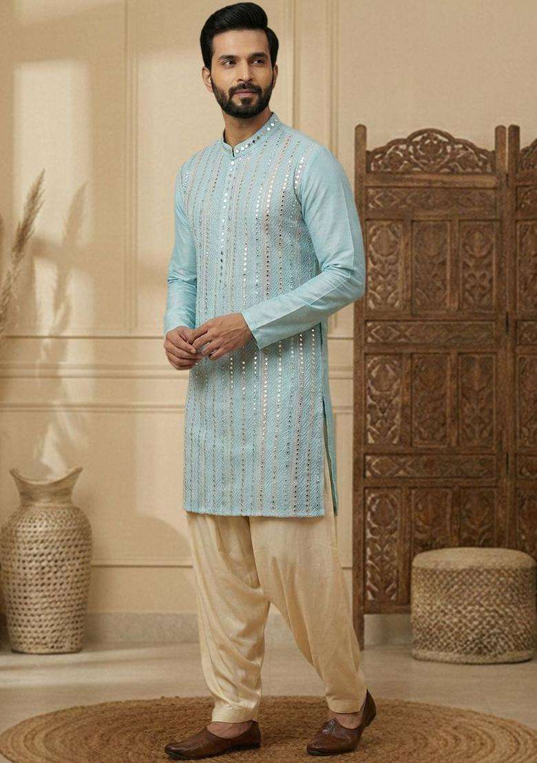 Turquoise Blue Embroidered Silk Kurta Set For Men - Indya