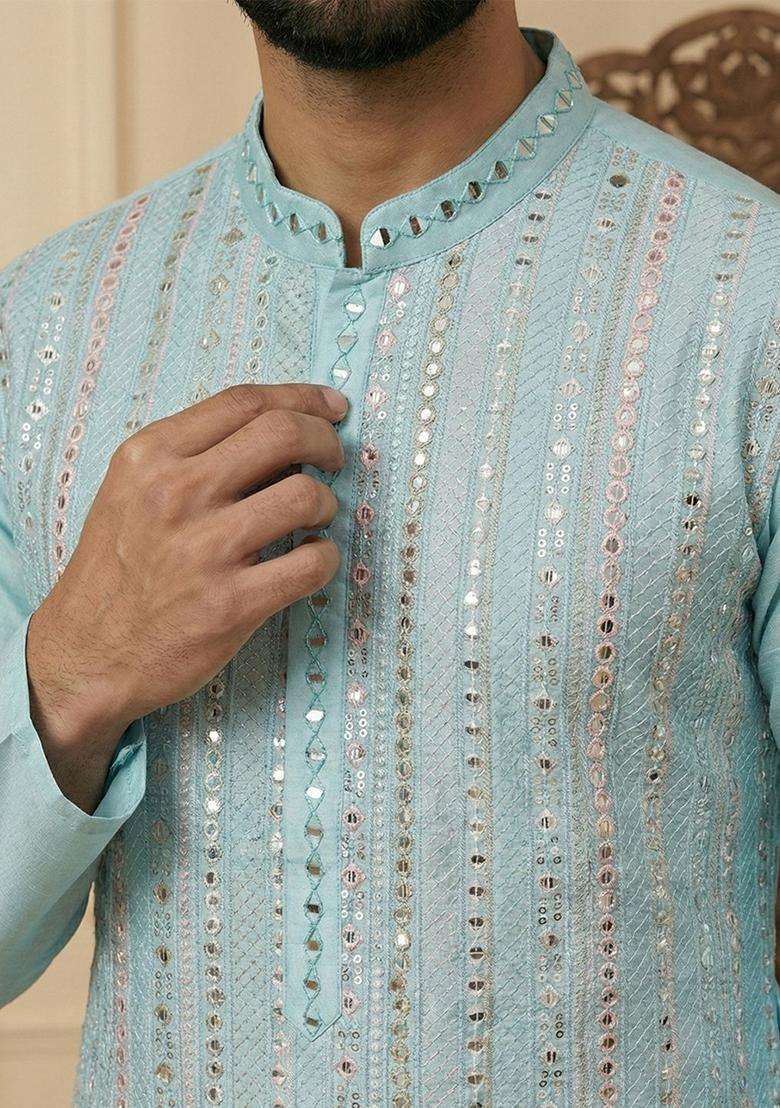 Turquoise Blue Embroidered Silk Kurta Set For Men - Indya