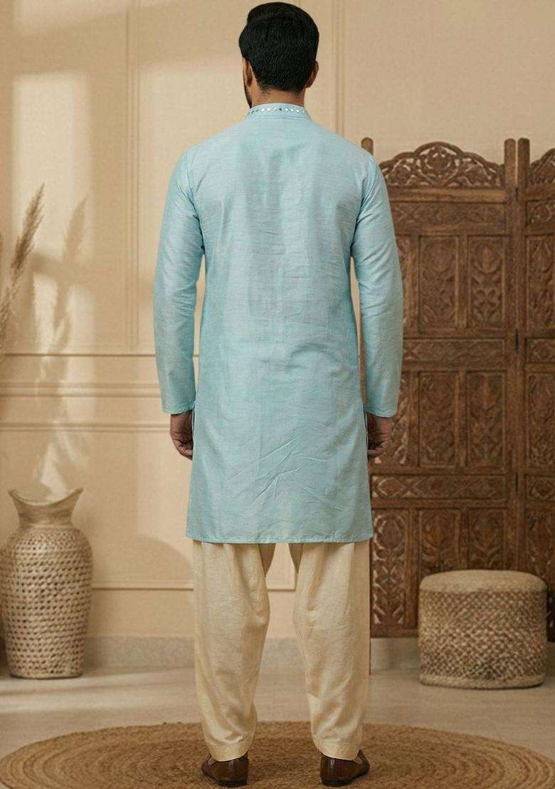 Turquoise Blue Embroidered Silk Kurta Set For Men - Indya