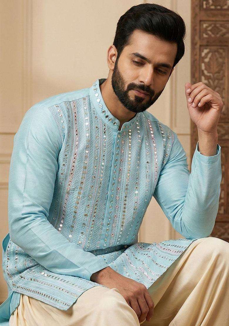 Turquoise Blue Embroidered Silk Kurta Set For Men - Indya
