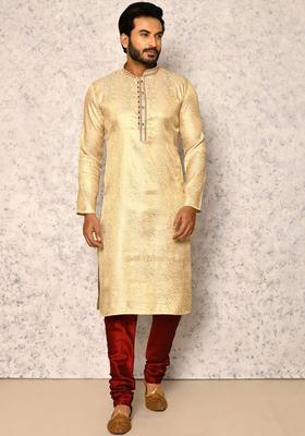 Gold Woven Design Silk Kurta Set For Men