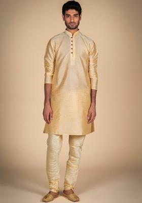 Gold Solid Silk Kurta Set For Men