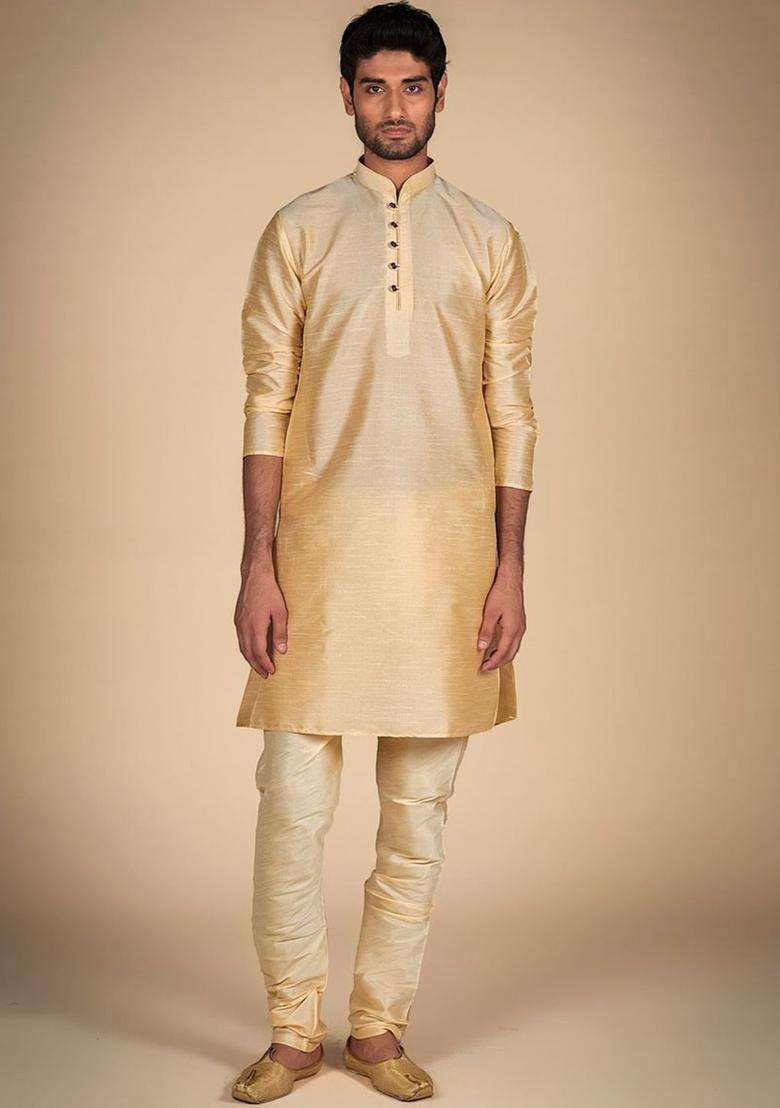 Gold Solid Silk Blend Kurta Set For Men - Indya