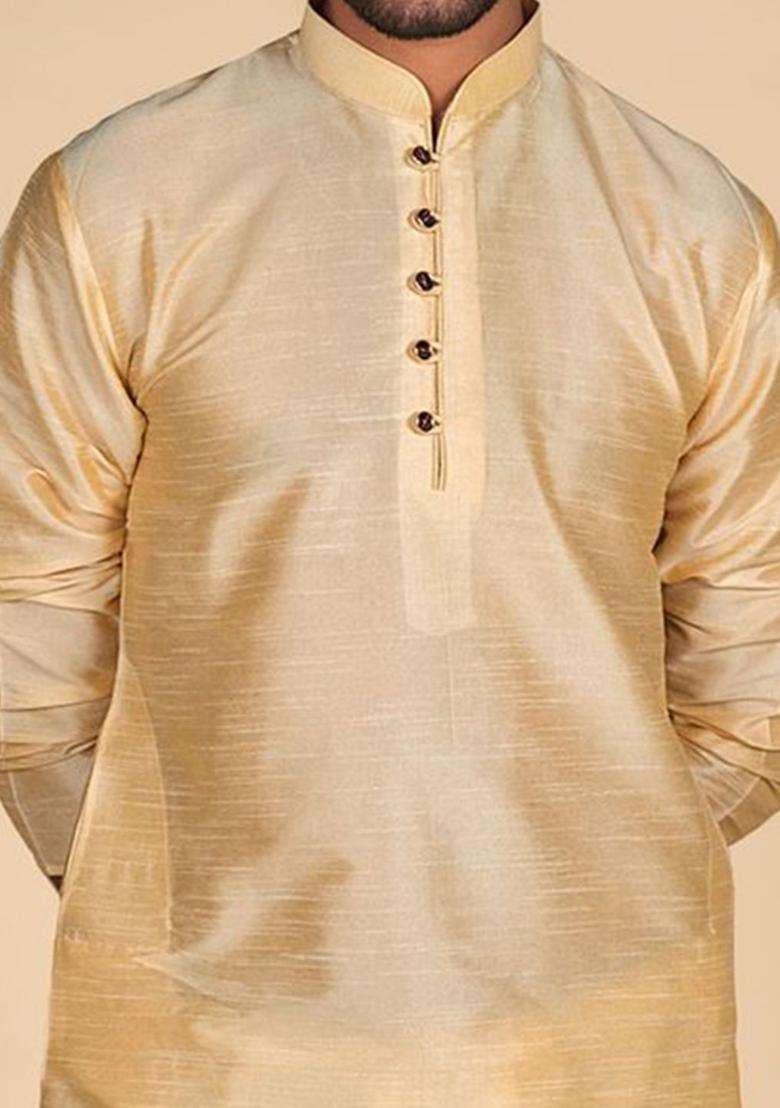 Gold Solid Silk Blend Kurta Set For Men - Indya